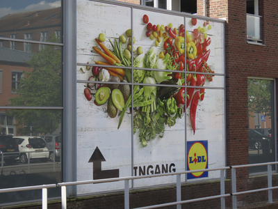908882 Afbeelding van een buitenreclame van supermarkt LIDL (Verlengde Houtrakgracht 383), met een collage van groenten ...